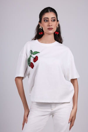 Cherry Appliqué Cotton T-Shirt
