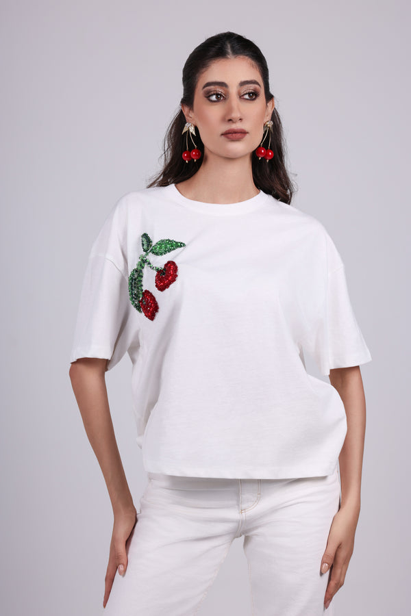 Cherry Appliqué Cotton T-Shirt