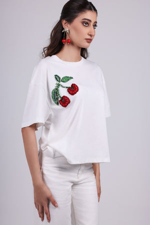 Cherry Appliqué Cotton T-Shirt