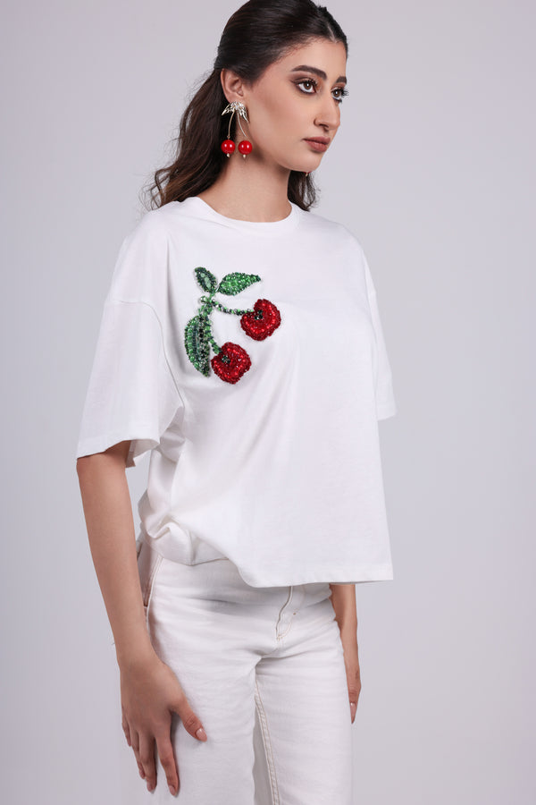 Cherry Appliqué Cotton T-Shirt