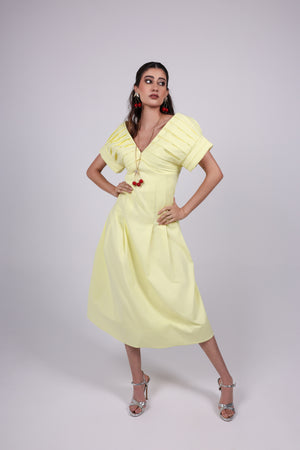 Pleated butter yellow Midi Dress