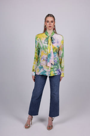 Watercolor Silk Bow Blouse