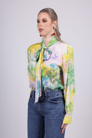 Watercolor Silk Bow Blouse