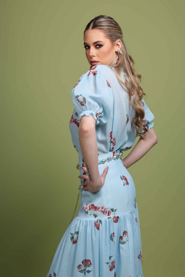 Cherry blue Tiered Maxi Skirt