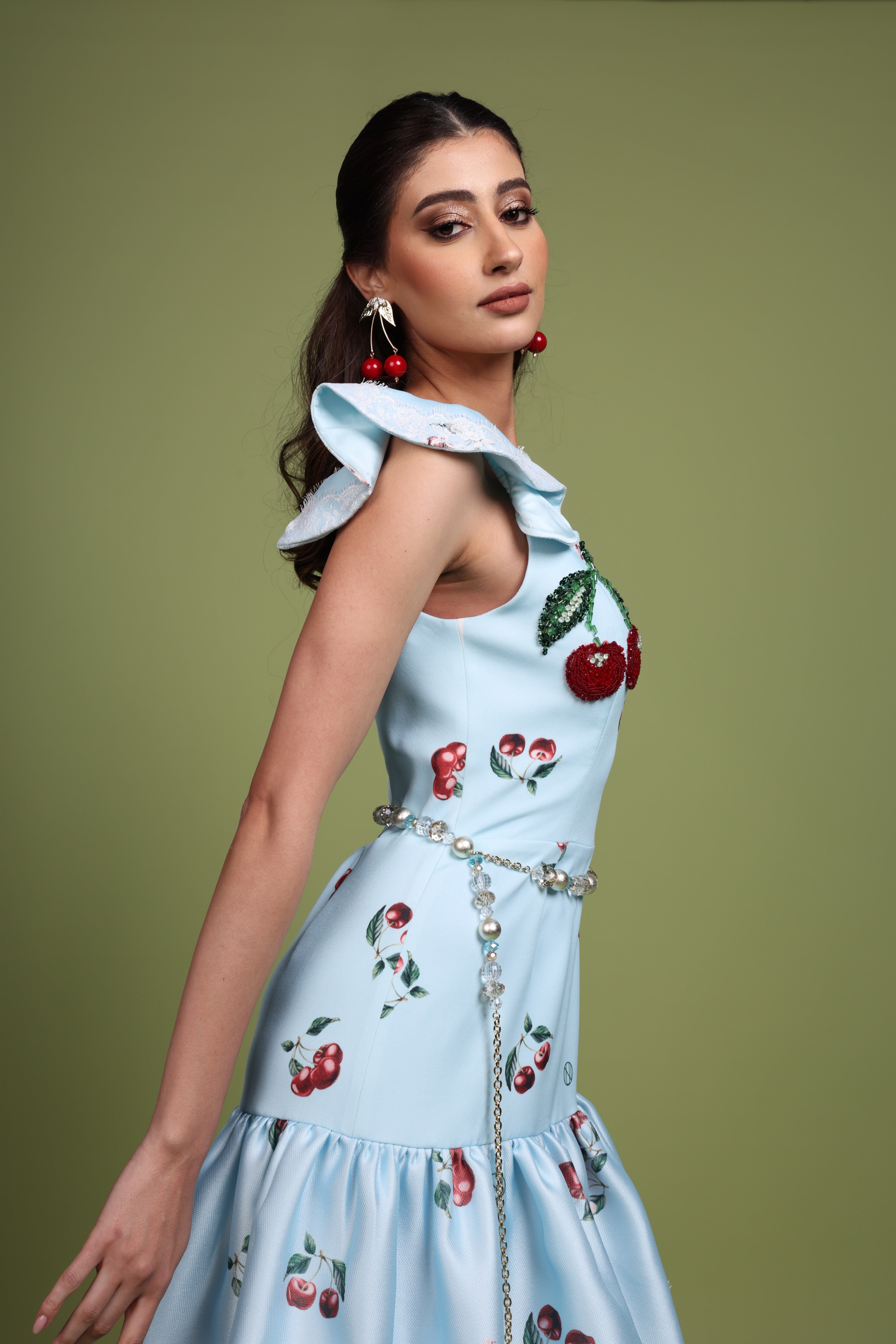 Cherry blue Print Tiered Maxi Dress 38