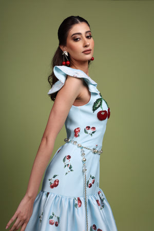 Cherry blue Print Tiered Maxi Dress