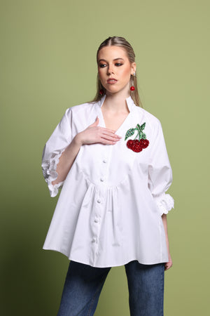 Cherry Appliqué Cotton Silk Blouse