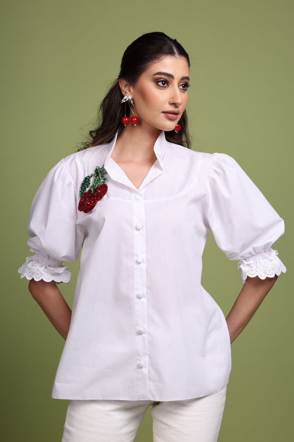 Cherry Appliqué Poplin Blouse