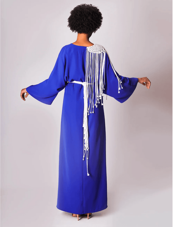 Handcrafted Blue Silk Crepe Macramé Dress
