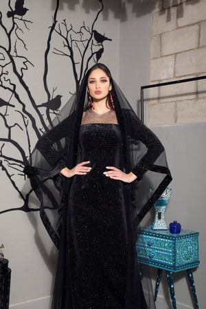 Elegant Black Dotted Silk Velvet Kaftan