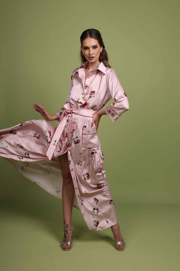 Cherry Pink Print Satin Dress