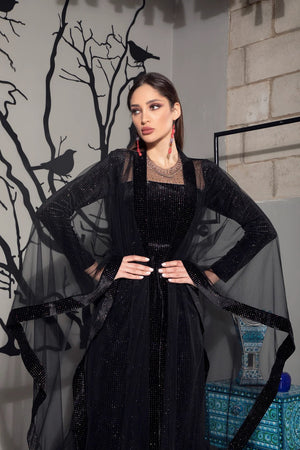 Elegant Black Dotted Silk Velvet Kaftan