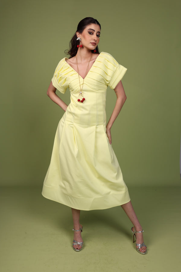 Pleated butter yellow Midi Dress