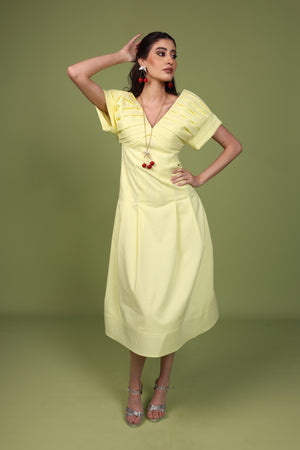 Pleated butter yellow Midi Dress