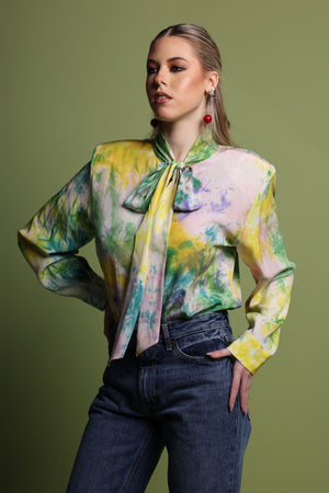 Watercolor Silk Bow Blouse