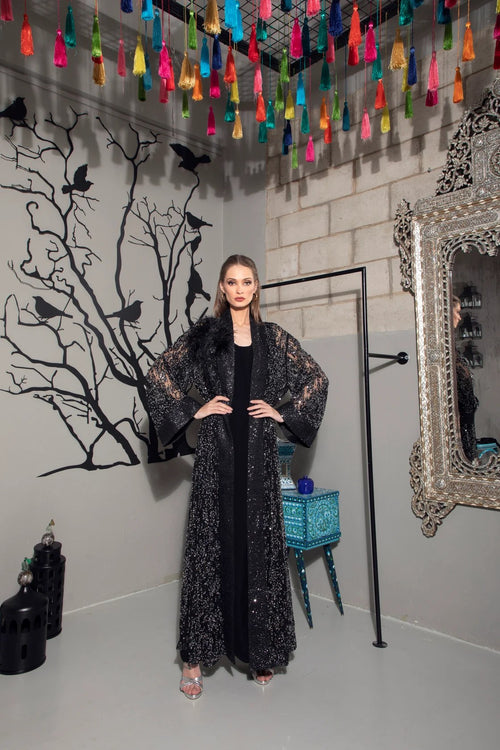 Black Silk Kimono with Handmade Beadwork