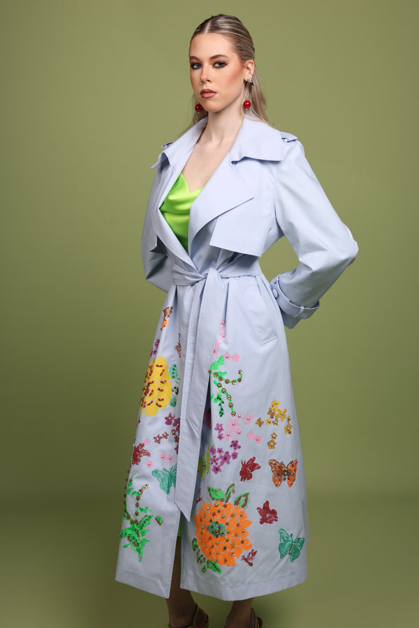 Hand-Painted Floral Trench Coat