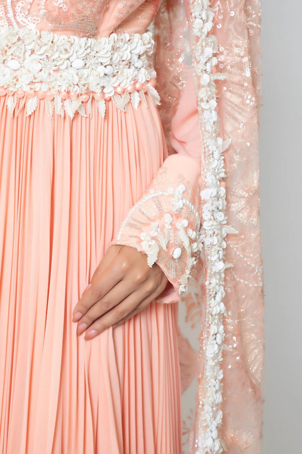 peach lace gown
