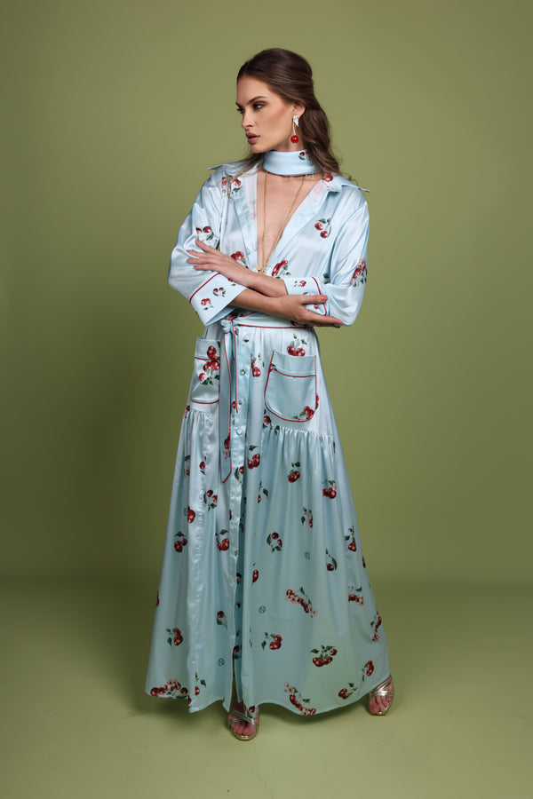 Cherry blue Print Satin Shirt Dress