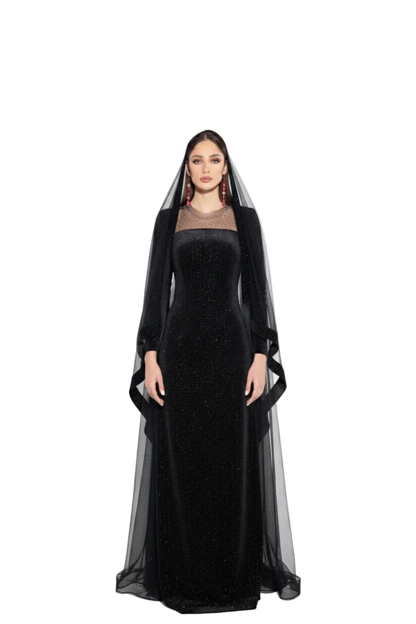 Elegant Black Dotted Silk Velvet Kaftan
