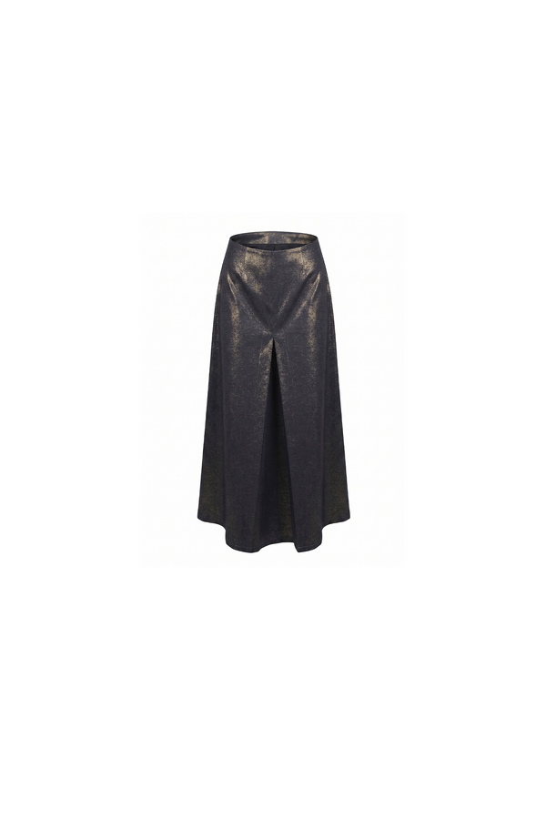 Metallic Gold Denim Midi Skirt