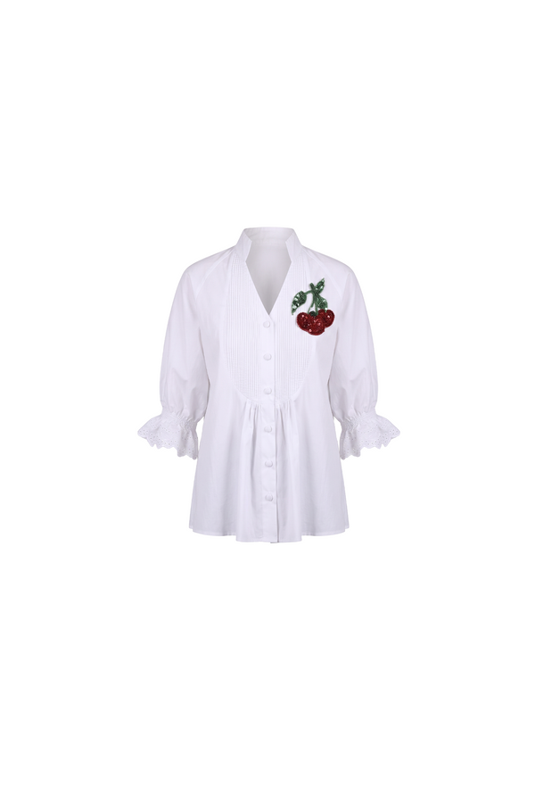 Cherry Appliqué Cotton Silk Blouse