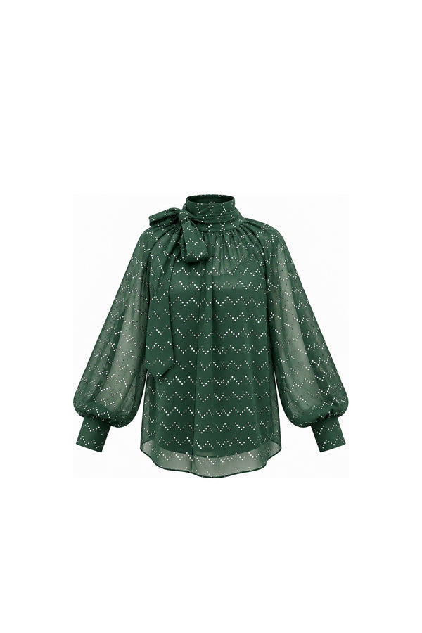 Noor Azhari emerald green dotted top with oversized bow