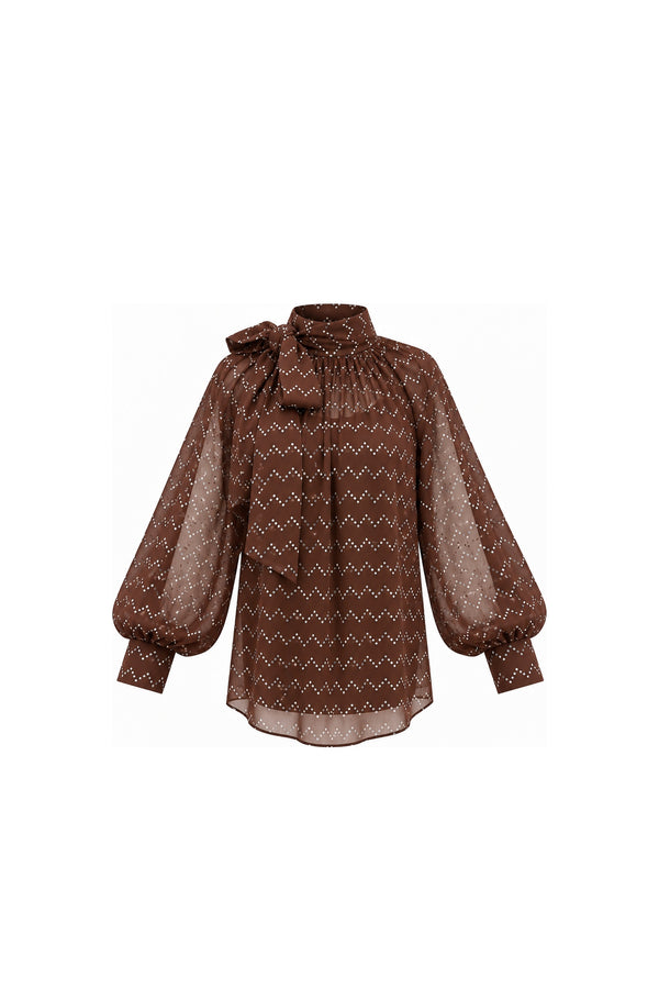 Noor Azhari chocolate brown dotted top with oversized bow