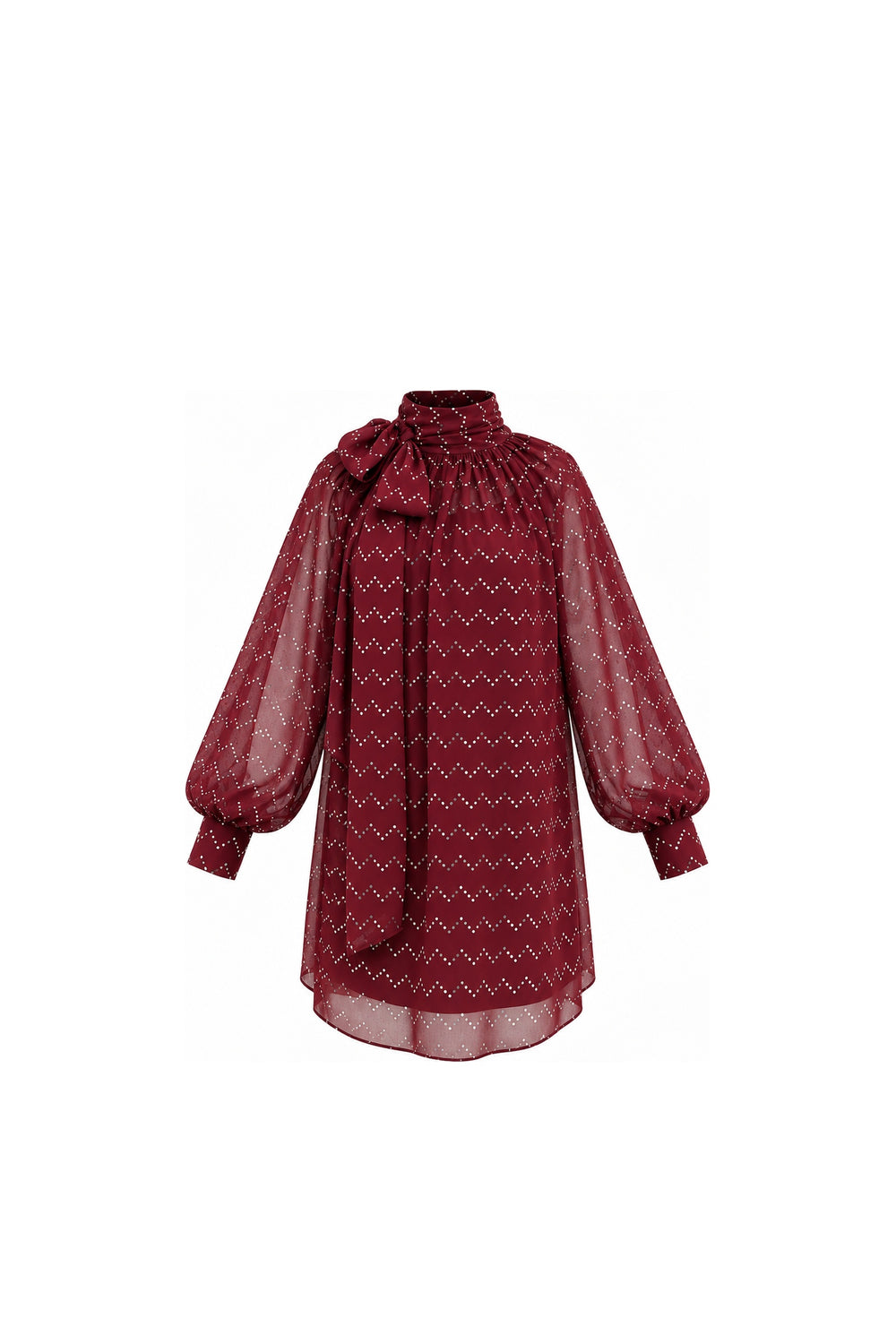 Noor Azhari burgundy dotted chiffon dress with oversized bow