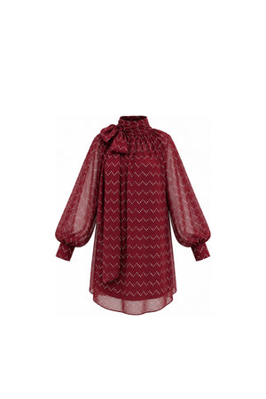 Noor Azhari burgundy dotted chiffon dress with oversized bow