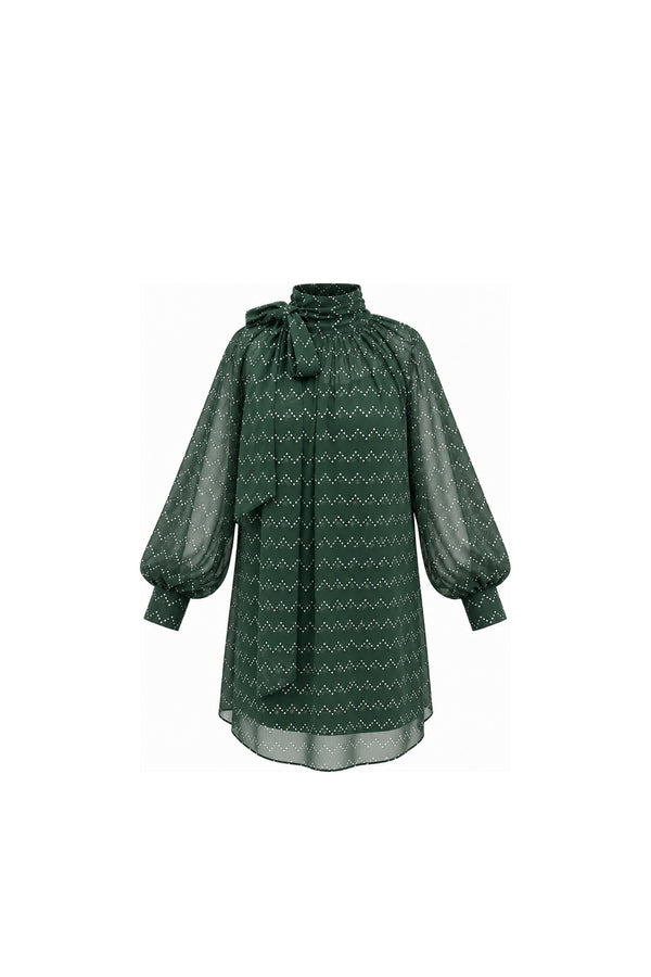 Noor Azhari emerald green dotted chiffon dress with oversized bow