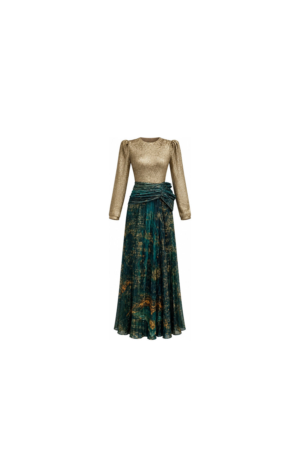 Noor Azhari gold and emerald evening gown with long sleeves