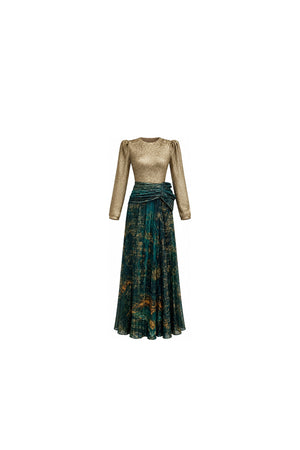 Noor Azhari gold and emerald evening gown with long sleeves