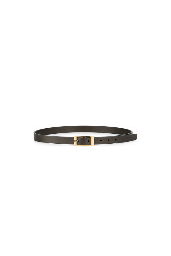 Noor Azhari slim olive green leather belt with gold buckle