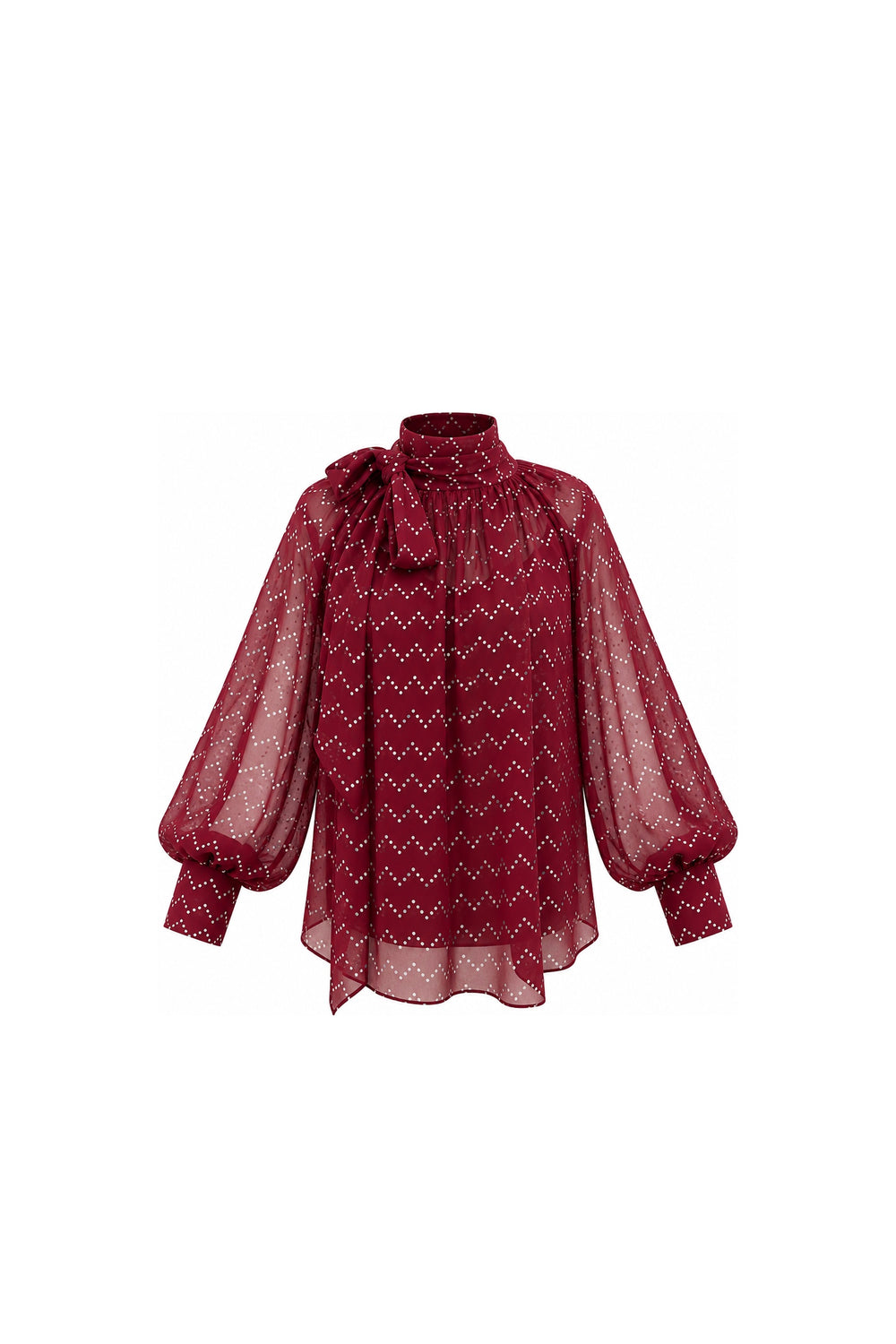 Noor Azhari burgundy dotted chiffon blouse with oversized bow