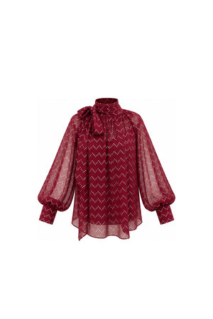 Noor Azhari burgundy dotted chiffon blouse with oversized bow