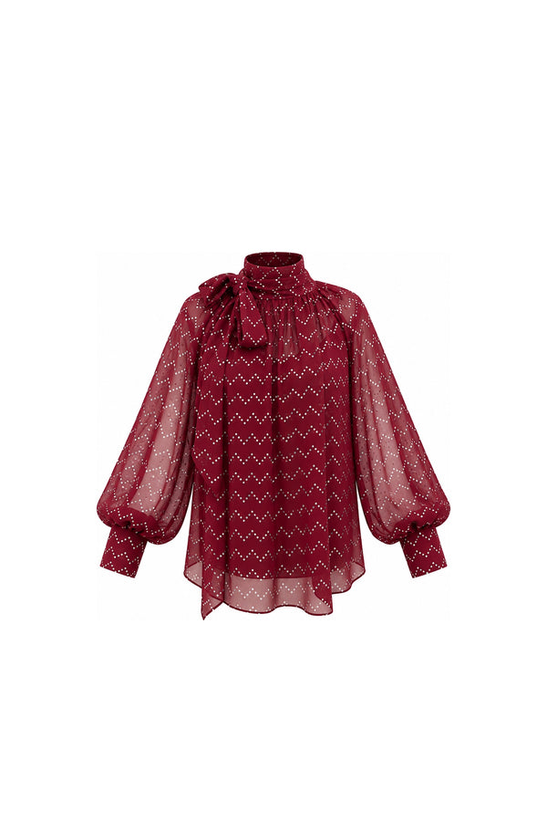 Noor Azhari burgundy dotted chiffon blouse with oversized bow