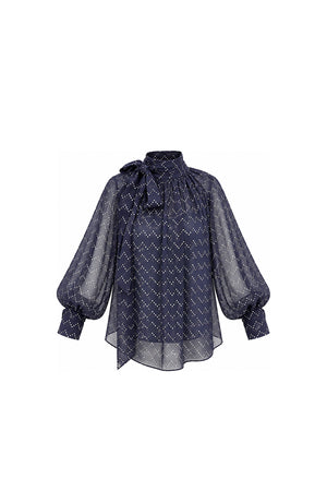 Noor Azhari purple dotted chiffon blouse with oversized bow