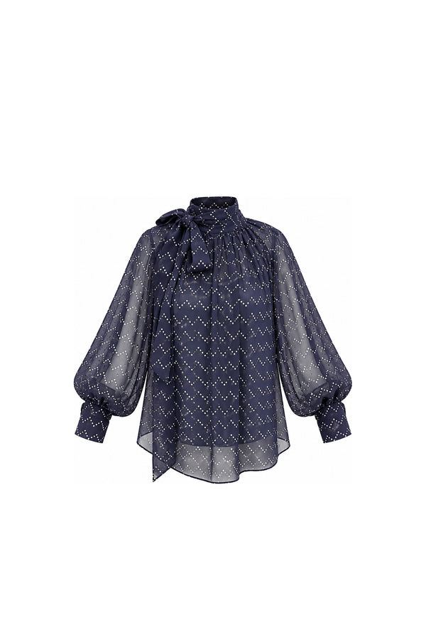 Noor Azhari purple dotted chiffon blouse with oversized bow