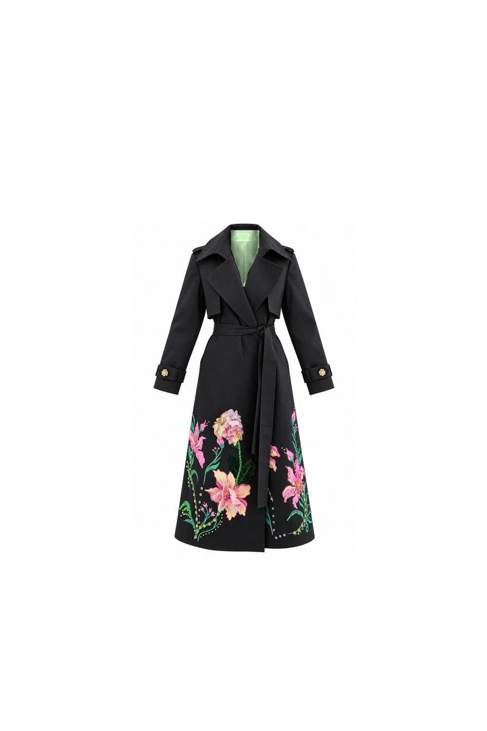 Midnight Bloom Hand-Painted Trench Coat PISTACHIO