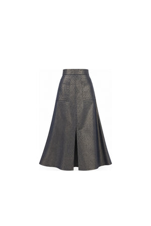 metallic denim midi skirt