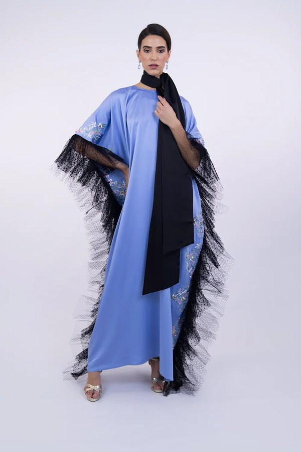 Sky Blue Embroidered Kaftan with Tulle Trim