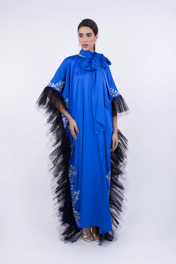 Royal Blue Bow Kaftan with Tulle Trim