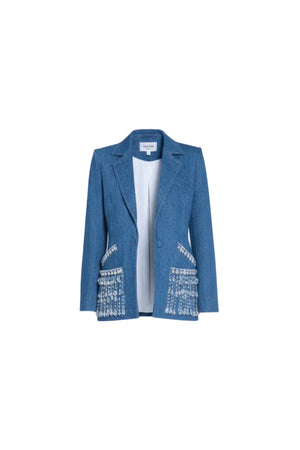 Crystal Crest Hand-Embroidered Denim Blazer