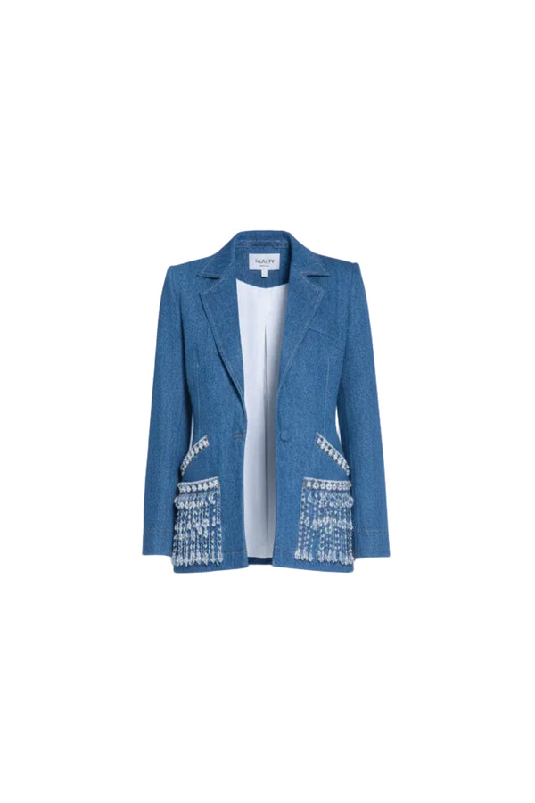 Crystal Crest Hand-Embroidered Denim Blazer