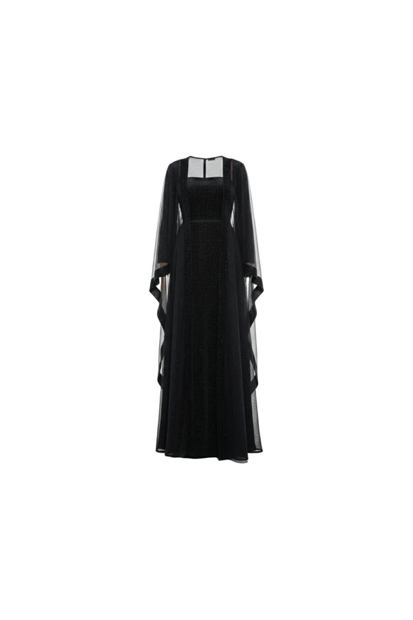 Elegant Black Dotted Silk Velvet Kaftan