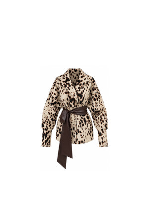Noor Azhari leopard-print wrap jacket with brown sash belt