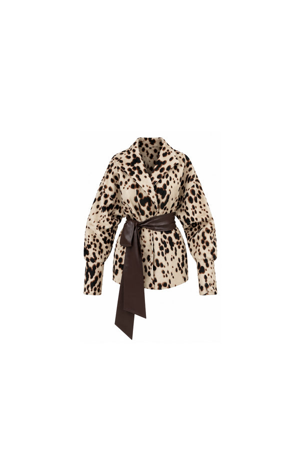 Noor Azhari leopard-print wrap jacket with brown sash belt