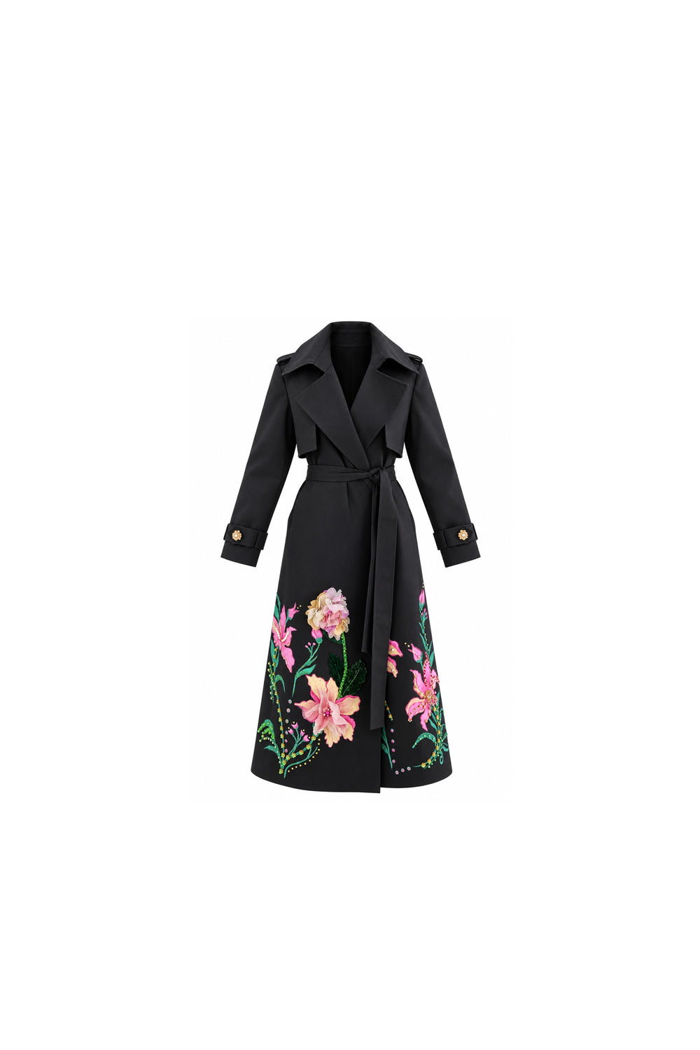 Noor Azhari black trench coat with hand-painted floral artwork