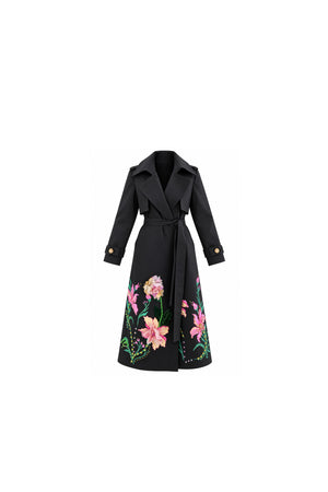 Midnight Bloom Hand-Painted Trench Coat